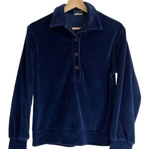 Vintage Panther Dark Navy Blue Velour Long Sleeve 1/2 Button Pullover